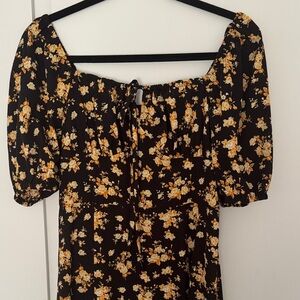 Black Floral Puff Sleeve Dress with Yellow Blossoms